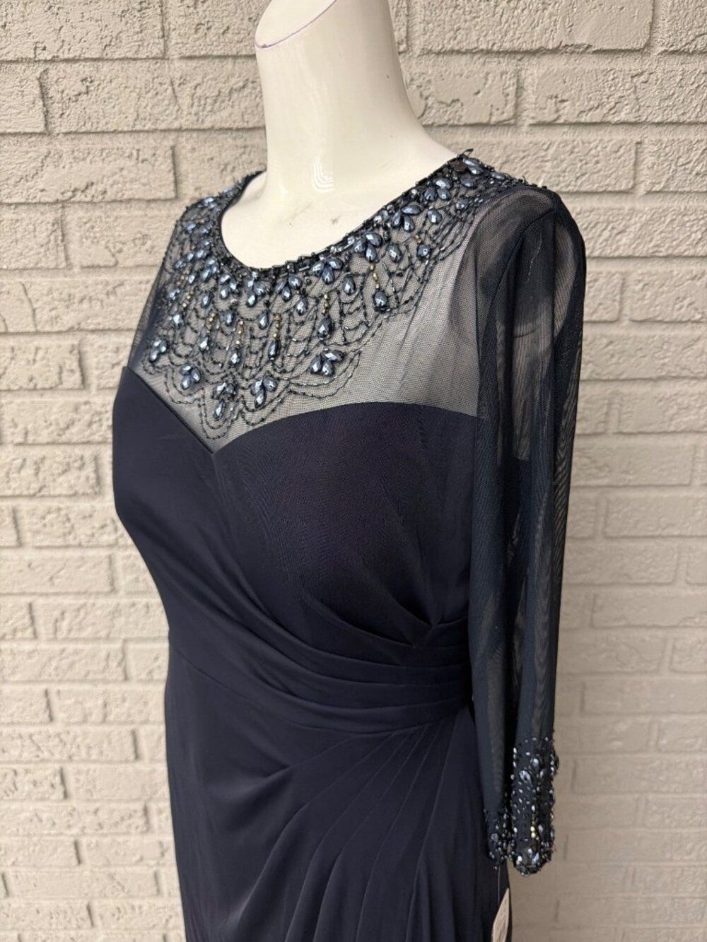 Alex Evening Illusion Beaded Navy Ruched Dress Size 12P - Picture 8 of 12